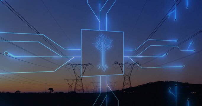 Showing glowing blue circuit-tree icon overlaying rural hills at dusk, with power lines overhead