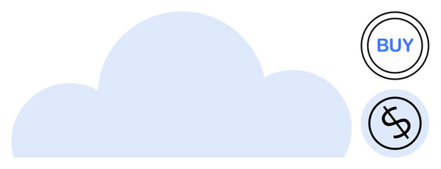 Blue cloud graphic with a Buy button and a dollar sign icon, representing cloud-based services. Ideal for cloud computing, data storage, subscription fees, digital economy, online platforms, tech