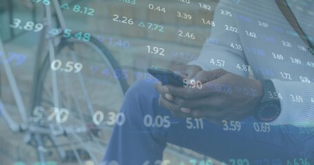 Holding smartphone businessman checking translucent market ticks on deck, with bicycle leaning