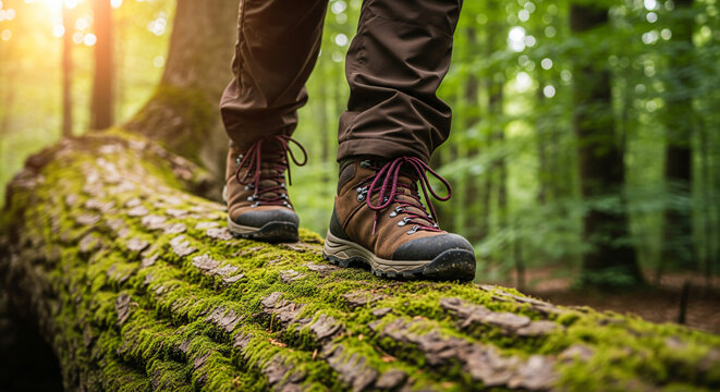 Hiking boots for trekking over forest logs and climbing steep mountain trails, focusing on boots. - Powered by Adobe