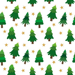 A vibrant vector set of festive Christmas trees, firs, and pines decorated with stars for the winter holiday season celebration