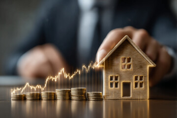 Manage your money and savings plan to buy the best home. Concept of purchasing a house and saving money. investing for home lone. Hand putting coin to house money box for saving money to buy a house.