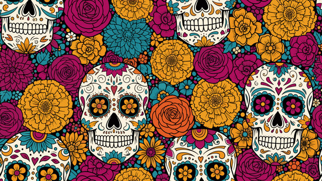 Vibrant Day of the Dead Sugar Skull and Floral Seamless Pattern. Calavera and Marigold Flowers Background. - Powered by Adobe