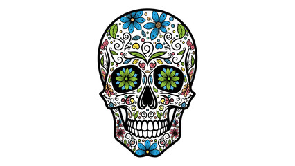 Colorful Sugar Skull Illustration. Day of the Dead Calavera with Floral Patterns. Traditional Mexican Folk Art.