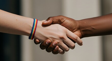A close up of a handshake between two people with different skin tones and a rainbow bracelet on one wrist