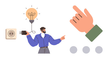 Man connects a plug to light bulb symbolizing innovation, energy, problem-solving, productivity, creativity, teamwork, and technology. Ideal for educational content and metaphors in a simple flat