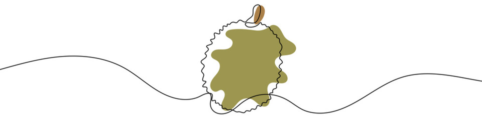 Durian in one line art style. Drawing of a whole spiky tropical fruit, with editable black stroke and color