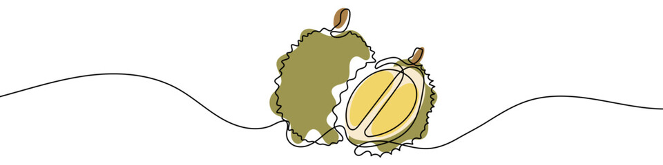 Durian in one line art style. Drawing of a whole durian and its cut half with pulp, with editable black stroke and color on white background. Vector illustration.