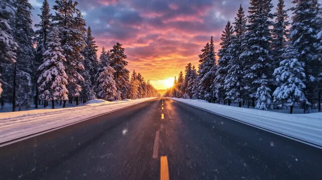 R&eacute;solutions, plans, espoirs et id&eacute;es 2026 pour la nouvelle ann&eacute;e &ndash; grands chiffres sur l&rsquo;asphalte dans une for&ecirc;t enneig&eacute;e au coucher du soleil.