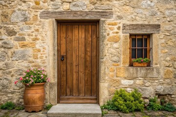 Fototapeta premium Rustic aged wooden door set in a weathered stone wall, accompanied by blooming flowers in clay pots, charming vintage countryside scene