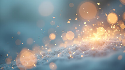 Dreamy backdrop featuring shimmering light orbs against an ethereal soft blue and white textured