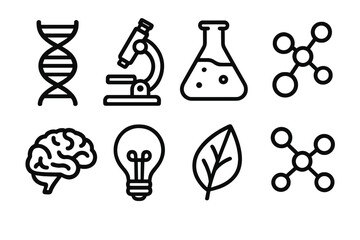 Life Science Innovation outline icon set: DNA strand, microscope lens, lab flask, molecule, brain icon, light bulb, leaf, data nodes. , , High resolution, sharp vector-like