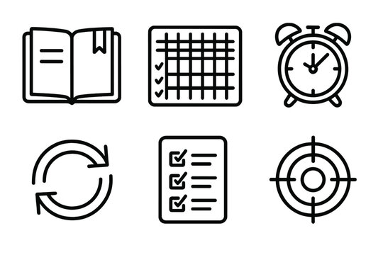 Routine Building outline icon set: open notebook, habit tracker, alarm clock, repeating arrows, checklist, focus icon. , , High resolution, sharp vector-like appearance, ideal for