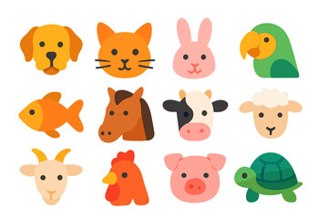Fototapeta premium Breeds flat icons: dog head, cat face, rabbit, parrot, fish, horse, cow, sheep, goat, chicken, pig, turtle.