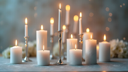 Elegant ambience created by the soft glow of white candles illuminating a serene setting for