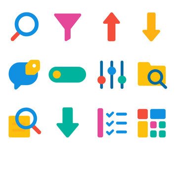 Search & Filter flat icons: search lens, filter icon, sort ascending, sort descending, tag bubble, input field, settings sliders, folder search, magnifying glass over document,