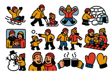 Snowy Activities Family — Warm Flat Icons silhouette set: kids sledding, parents pulling sled, making snow angels, building igloo, group photo, throwing snowballs, skating together