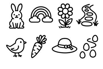 Fototapeta premium Easter Challenge — Spring adventure outline icon set: bunny, rainbow, blooming flower, garden path, bird, carrot, sun hat, egg trail.