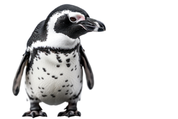 A penguin stands facing slightly sideways, displaying its black and white feathers /CUT OUT isolated PNG file/