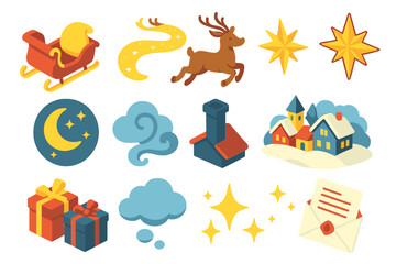 Christmas Journey Magical Storybook Style flat isometric set: Santa’s sleigh, flying reindeer, glowing trail, compass star, moonlit sky, cloud swirl, chimney silhouette, snowy