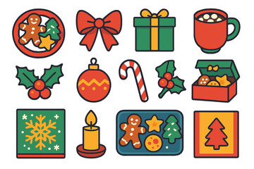 Fototapeta premium Christmas Cookies Festive — Vibrant Flat Vector flat icons: plate of cookies, ribbon bow, gift box, hot cocoa cup, holly sprig, ornament ball, candy cane, cookie box, snowflake