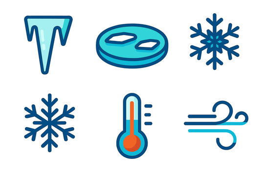 Deep Freeze flat icons: icicle, frozen lake, snowflake, frost crystal, thermometer, cold wind.