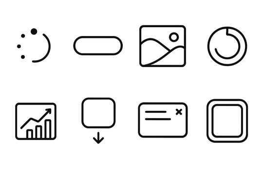 Mobile Motion UI outline icon set: spinning icon, elastic button, parallax background, progress ring, animated chart, swipe card, pop-up modal, hover glow.