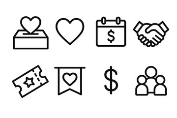 Fundraising Events outline icon set: donation box, heart icon, calendar, handshake, ticket stub, charity banner, dollar sign, crowd group.