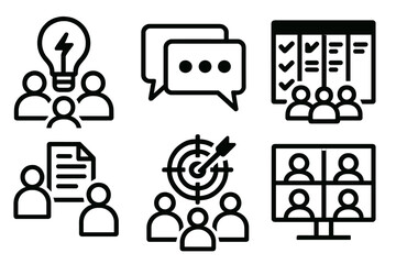 Team Collaboration silhouette set: brainstorming icon, chat window, shared workspace, task management board, file sharing symbol, team discussion, goal tracker, meeting screen.