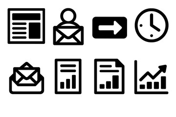 Marketing Emails silhouette set: newsletter layout, subscriber icon, call-to-action button, schedule clock, mail inbox, campaign report, reply arrow, stats graph.