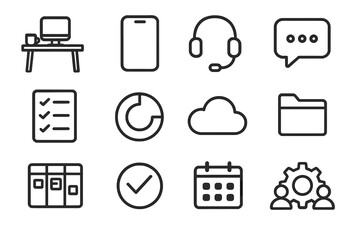 Remote Asynchronous Work outline icon set: home desk, smartphone, headset, chat bubble, task list, progress tracker, cloud icon, document folder, project board, approval check,