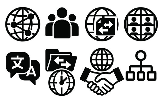 Global Collaboration silhouette set: world map network, international team icons, video conference globe, cross-border file sharing, multilingual chat bubbles, timezone clock badge