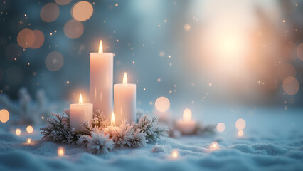 Elegant winter scene capturing the warm glow of candles amidst a frosted landscape creating a