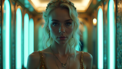 Elegant woman portrait adorned with jeweled tiara against glowing arched hallway providing a