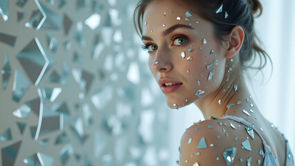 Elegant woman with reflective fragments, an abstract artistic expression of beauty and reflective