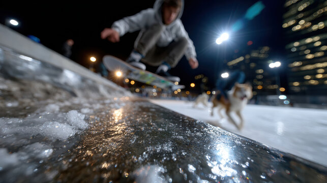 A dynamic scene featuring a skateboarder performing a trick on ice, with a dog running in the background against a backdrop of illuminated skyscrapers at night. - Powered by Adobe