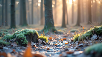 Enchanting forest floor covered with mossy outcrops and fallen leaves bathed in soft diffused