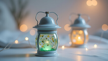 Enchanting illuminated lantern, a beacon of soft light, casting a magical glow, surrounded by