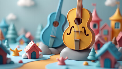 Enchanting miniature musical landscape featuring whimsical instruments and charming houses in a