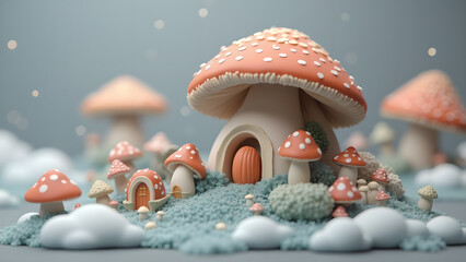 Enchanting mushroom village scene with miniature mushroom houses and delicate cloud formations