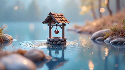 Enchanting miniature wishing well with heart ornament set in tranquil misty waters creates a