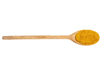 Wooden spoon with cumin on white background