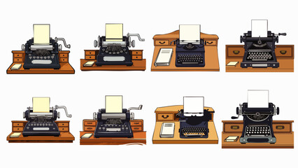 Illustration of various antique typewriters with paper inserted, set against a wooden desk background, capturing vintage writing.