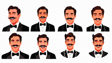 Collection of illustrations showcasing diverse men with various mustache styles, formal attire, and bow ties, perfect for design.