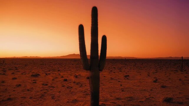 Silhouette of a saguaro cactus at sunset over a desert landscape