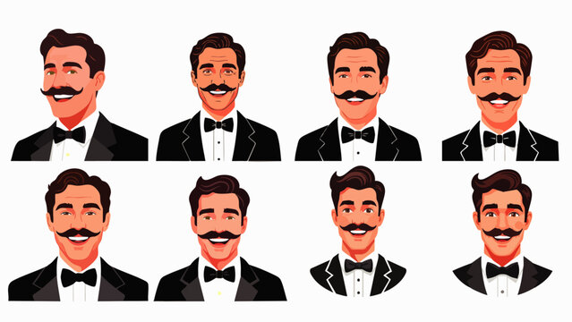 Collection of illustrations showcasing diverse men with various mustache styles, formal attire, and bow ties, perfect for design.