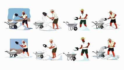 A series of illustrations depicting a man shoveling salt into a wheelbarrow, demonstrating a manual labor process with tools.