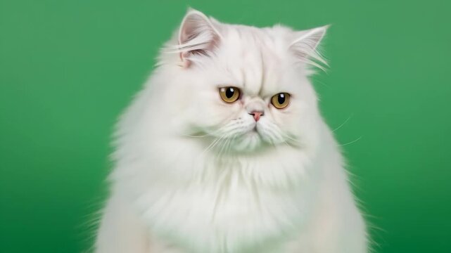 A fluffy white Persian cat with a slightly grumpy expression, posing against a green backdrop.