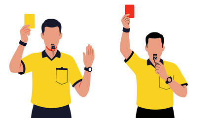 A referee signals a foul with a yellow and red card, indicating a penalty or ejection, in a vector illustration suitable for sports-themed designs.