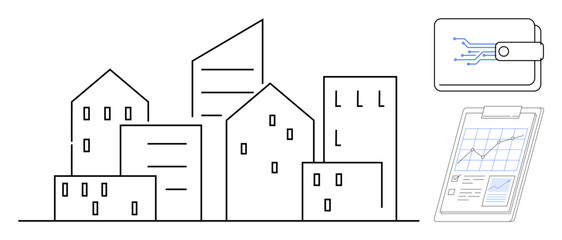 Modern city skyline alongside digital wallet with circuit patterns and analytics clipboard. Ideal for technology, urban planning, finance, smart cities, digital transformation, fintech